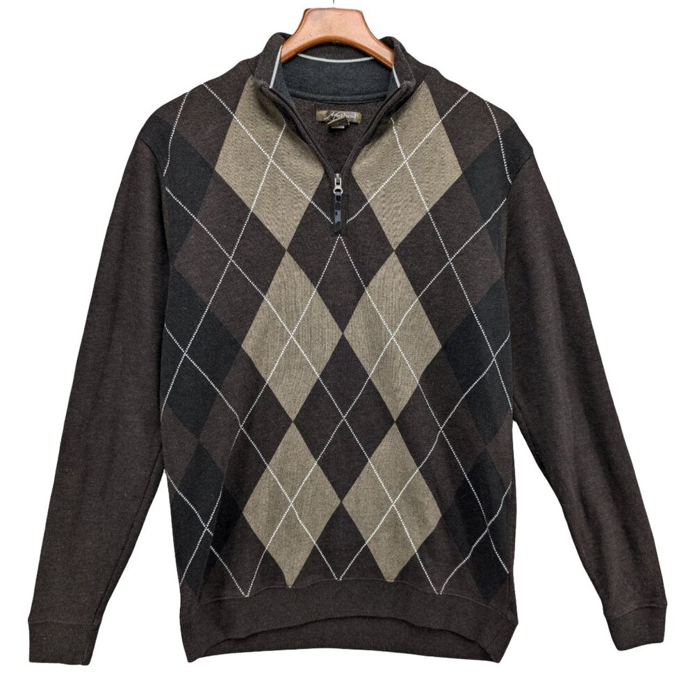 Method Argyle 1/4 Zip Sweater Mens Brown Tan Long Sleeve Pullover Size L